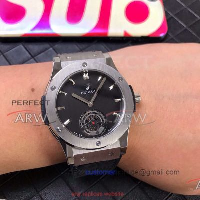 Perfect Replica Hublot Classic Fusion Stainless Steel Case Black Tourbillon Face Black Leather Strap 43mm Watch